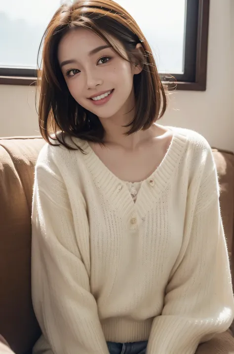 Best quality, hyper HD, (realistically:1.4),Sunset sun, girl with flowers on her head,,(Hefty Smile), freckle ,(black hair color hair, Short hair details: 1.3), (realistically的皮肤), (Sweaters), detailed photograph, (sexy for), (filmgrain), low-contrast, fac...