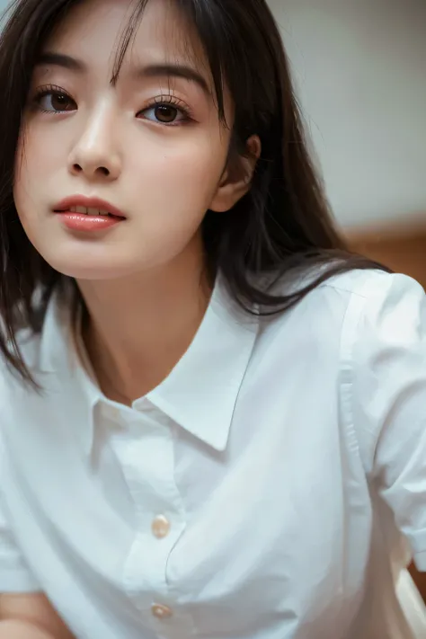 Highest Quality, ​masterpiece, unbelievably beautiful, very delicate 8k wallpaper, Transcendently Beautiful Girl, Japanese, Cute Girl, (Unbuttoned shirt:1.4), (Ecstasy:1.4) , ((Looking down)), ((From below)),((all-fours)), 25 years old, Bedrooms, dark ilum...