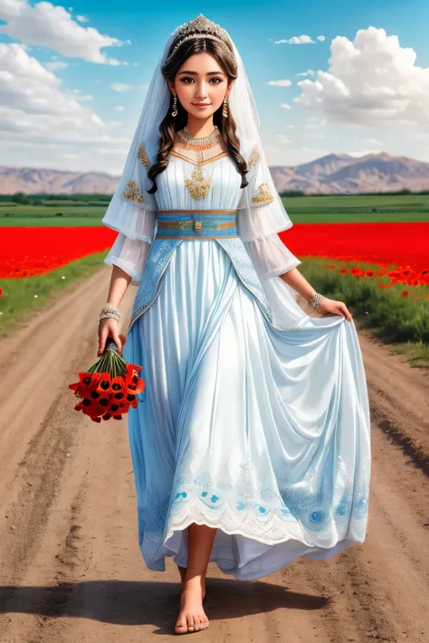 Very beautiful young Turkmen bride. wearing her authentic wedding dress. Colorful bead ribbon in her hair. his hands are hennaed. barefoot. walking on a dirt road. There are poppies on both sides of the road. The sky is light blue, there is a big white clo...