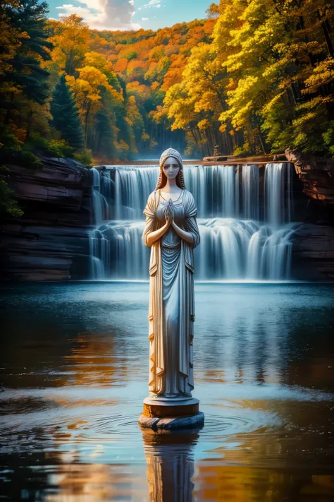 Imagine a divine embodiment encapsulating Wisconsins essence in an ultra-realistic depiction resembling a human, adorned with celestial touches. Envision this figure gazing directly into the camera, boasting lifelike features infused with otherworldly attr...