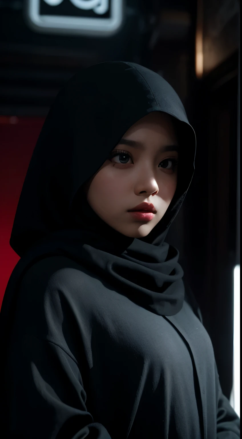 Design a dramatic movie poster inspired by classic film noir. Place the Malay girl in hijab in a dimly lit  setting, capturing the essence of mystery and intrigue. Utilize shadows and noir-style lighting to enhance the atmosphere.