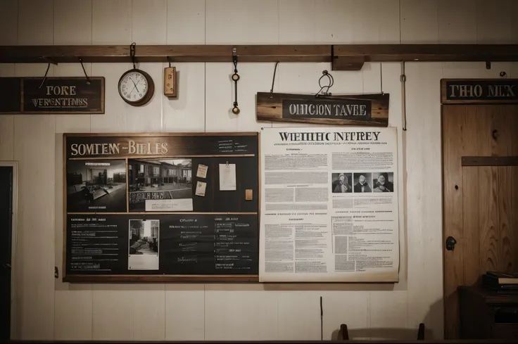 Imagine a dimly lit room with a large, worn wooden table serving as the backdrop. Set up an investigation board adorned with an array of elements – an old newspaper clipping with a headline related to the crime, black-and-white photos capturing the crime s...