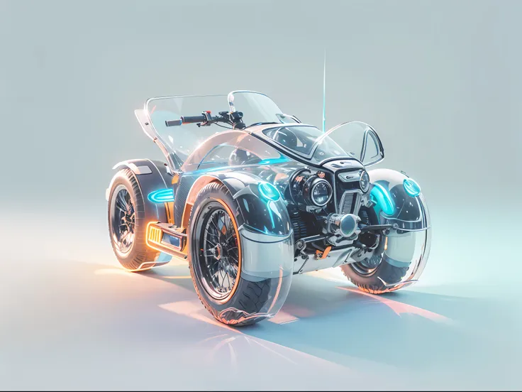 1 transparent all-terrain vehicle, Color transparent plastic, cyber punk perssonage, industrial design, Clean, luminous neon lights,  white backgrounid, ultra-realistic realism, hyper HD, high detal, Best quality at best, 4K