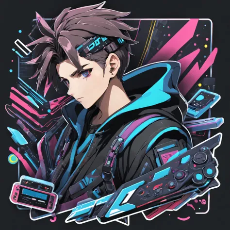 (One sticker,),(3D anime boy),nintendo switch, game card, gaming console, Xbox, (on a circular background), (cyberpunk border)， ultra - detailed, Detailed illustration, vectorized, 8K, 专业One sticker设计, Graphic design, vector lines, One sticker, Full-HD