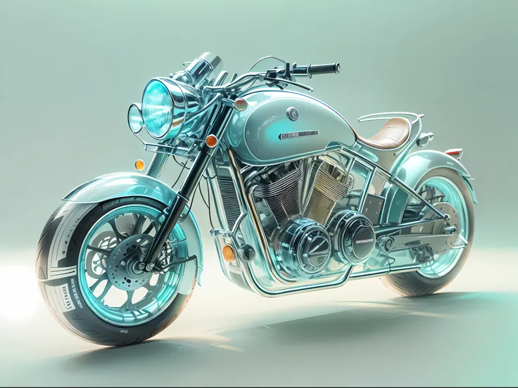 1 transparent motorcycle, Color transparent plastic, cyber punk perssonage, industrial design, Clean, luminous neon lights,  white backgrounid, ultra-realistic realism, hyper HD, high detal, Best quality at best, 4K