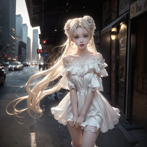 ((girl standing on the street in new york)),bright expression、Young shiny shiny white shiny skin、Best Look Rondo Reflective Light、Platinum blonde hair with dazzling highlights、shiny light hair,、Super long silky straight hair、Beautiful bangs that shine、Glow...