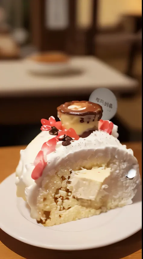 A piece of cake, put on dinner plate, The background scene is a coffee shop, 电影灯光, high detal, high high quality, super detailing, hyper HD, tmasterpiece, Best quality, A high resolution, 8K