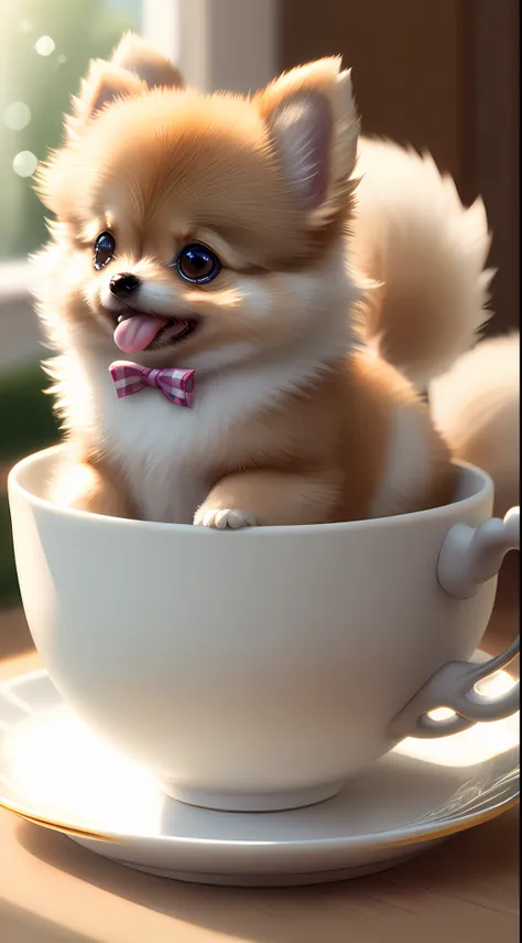 Pomeranian, (((Small)))), in a teacup, Face out, Tongue out, Front paws out, 8k, Professional photo, delicate, clear, on the table, in the house, sunshine, light leak, masterpiece, ((((Pretty))), Fashionable Teacup, (Reality))))