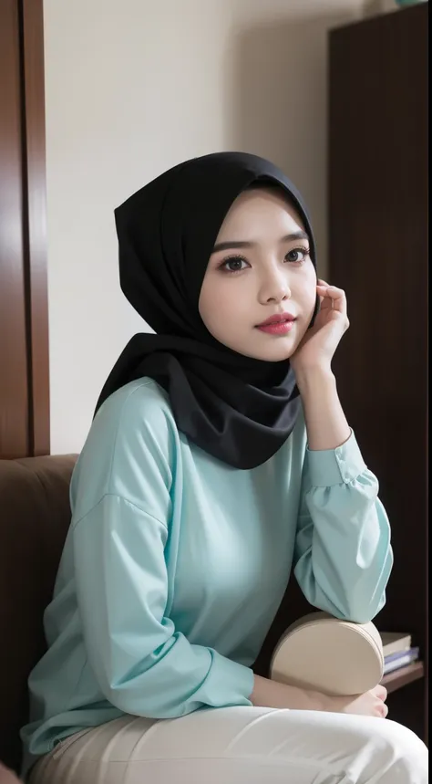 Malay girl in hijab wear big oversized loose blouse and high waist loose cotton pants, pastel color, seating, wear back pack, front view, detail skin, detail skin texture, mole below eyes, small breast, big hip, big waist, big thigh, slim abs, beautiful bo...