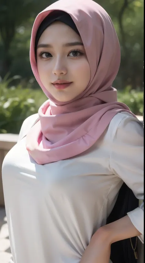 Malay girl in hijab wear big oversized loose blouse and high waist loose cotton pants, pastel color, seating, wear back pack, front view, detail skin, detail skin texture, mole below eyes, small breast, big hip, big waist, big thigh, slim abs, beautiful bo...