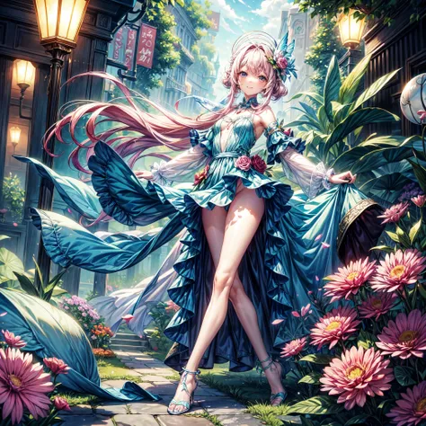 (best quality, 8k, masterpiece:1.2, nsfw ), Cutest,Cute girl, mesugaki, Beautiful face, Beautiful eyes, Beautiful hair, Light pink hair, Lots of colorful flowers, sunshine, peaceful garden, summer dress, smiling, golden hour lighting, vibrant colors, happy...