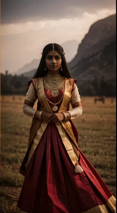 a vertical portrait of an Indian princess wearing traditional clothes, under exposed, moody landscape, Nikon D850, iso 100, f4 aperture, 100mm lens, shutter speed 1/200