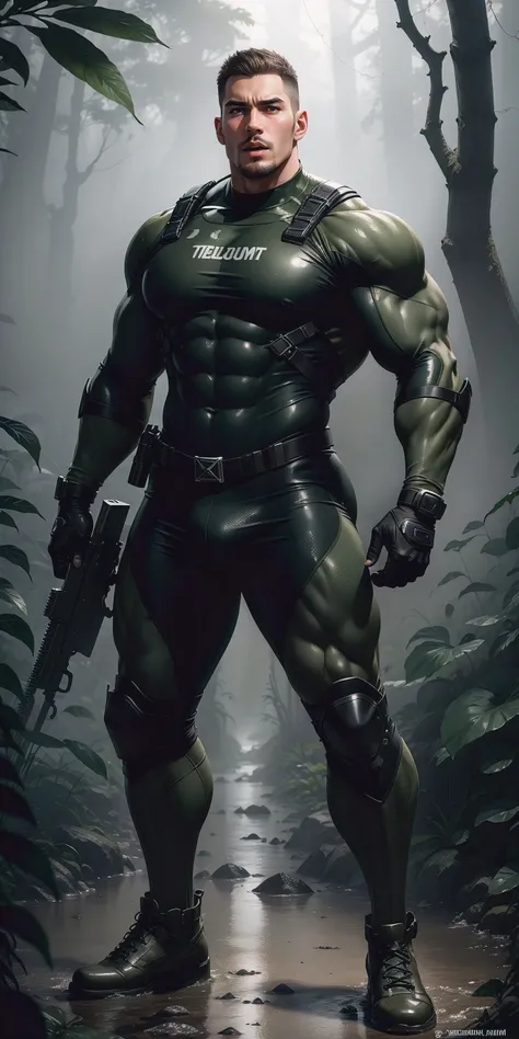 A tall, humongous large breast, Muscular man screaming with his mouth open.，Khaki camouflage uniform，character  design（Resident Evil - Chris Redfield，Chris Redfield）buzz clip，Wearing a khaki camouflage wetsuit，Matte texture，Regular symmetrical texture patt...