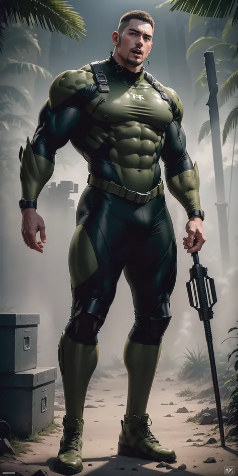 A tall, humongous large breast, Muscular man screaming with his mouth open.，Khaki camouflage uniform，character  design（Resident Evil - Chris Redfield，Chris Redfield）buzz clip，Wearing a khaki camouflage wetsuit，Matte texture，Regular symmetrical texture patt...