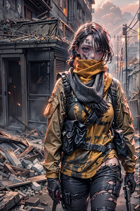 masterpiece, best quality, high resolution, rich details, 8k, extreme light and shadow, image of a beautiful young girl wearing tactical gear, holding a AK47 with two hand, walking down a desolated street in a collapsed city, post apocalypse, smoke and fog...