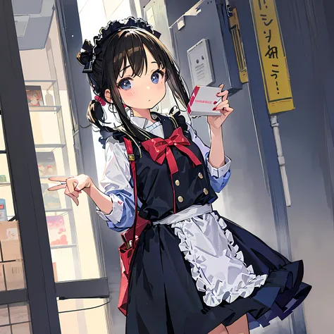 (Anime girl), ((manga style)), maid costume, ((handing camera a gift box)), she is mbarresed, she is flustered, good illustration, office setting, window background, reflections, nylon