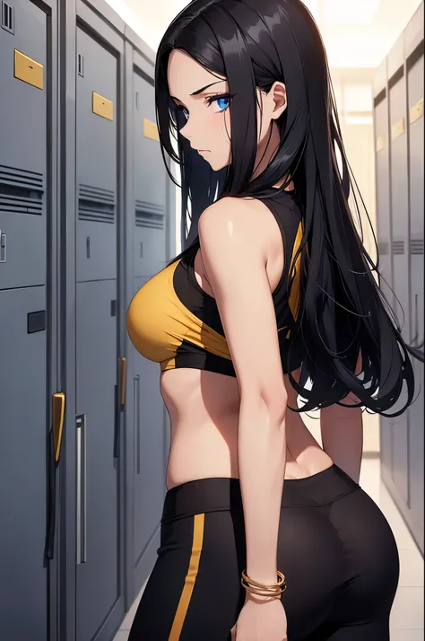 (Masterpiece, Best quality, high resolucion) 1 woman with long black hair and blue eyes, golden bracelets, wearing black sport clothes,  is standing in a locker room. Sad expression, over the shoulder shot, back view, fantasy world