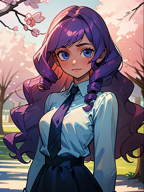 A portrait of a young woman with very long dark purple wavy hair and drill curls, side-swept bangs, blue eyes, ligh tanned skin, soft smile, wearing white long sleeved blouse with black necktie, blue checkered skirt, at a cherry blossom park