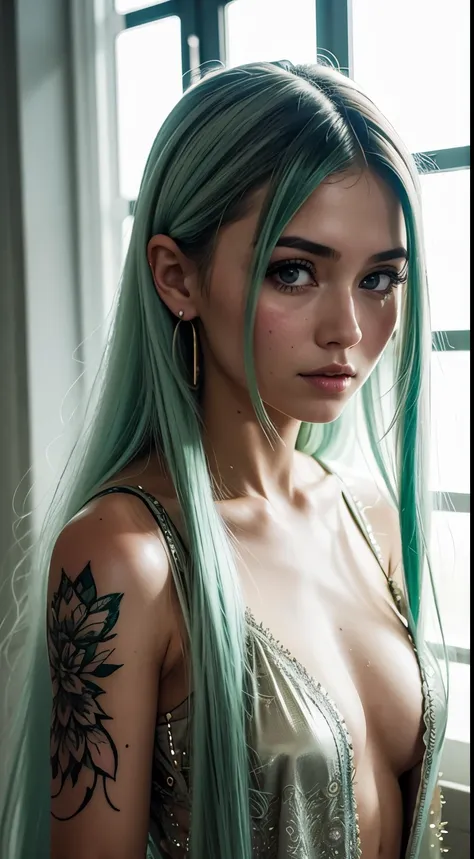 Malaysian tattooed girl, sehr langes, Green, shiny hair with a big topknot, Tragen Sie pastellrote florale Baju Kurung, Smileing, very long white hair, eine goldene Halskette tragen, Vorderansicht, sehr langes, welliges, white hair, Unordentliches Haar, Ha...