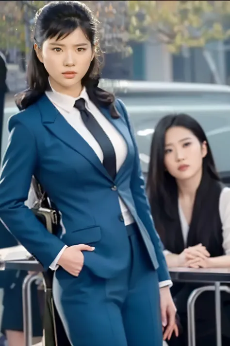 close-up of a woman wearing a suit and tie looking at the camera, kwak ji young, iu lee ji-eun as a super villain, sui ishida wi...