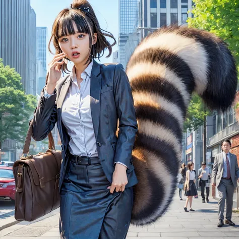 A woman wearing a skirt suit with a raccoon tail, anthropomorphic raccoon, けもの, realistic, a picture, top-quality, Surprised face