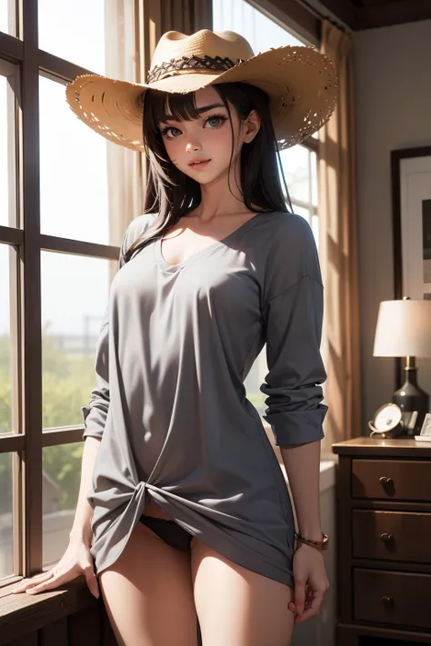 Cowgirl, long gray shirt, open chest, gray cowboy hat, gray panty,