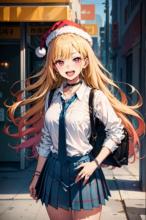 (((masterpiece))), marinkitagawa, 1girl, long hair, looking at viewer, blush, smile, open mouth, skirt, blonde hair, large breas...