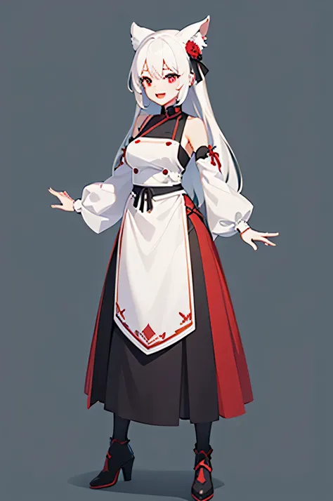 Ultra-detailed、Full body, Upright, Arms at sides, Looking at Viewer, Simple background, 1girl in, Open mouth, Smile,Red Eyes、White hair、ren、Cook