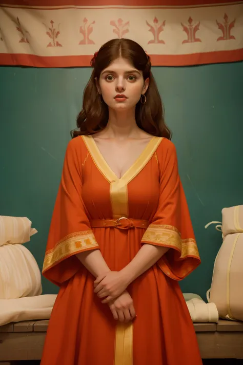 1142, Kingsbridge, England. otherworldly scene in a medieval crowded outdoors market, ((((22-year-old)) Alexandra Daddario)), in the middle of a multitude, selling sacs of wool fleece in a tent, ((terrified expression)), big fire, ((((scarlet tunic gown fr...