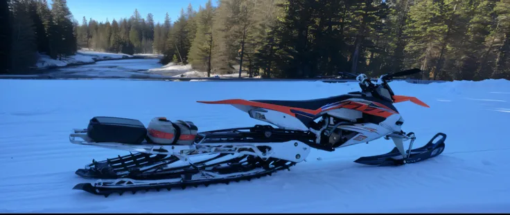 arafed motorcycle parked on snow with skis and snow shoe, front side full, by Jeffrey Smith, reddit post, only snow in the background, 8 k frostbite 3 engine, full body wide shot, profile shot, by Alexander Brook, by Jason Benjamin, frostbite 3 engine, con...