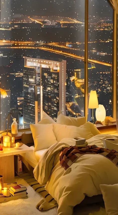 city view from bedroom with large window, cozy room, comfortable lighting, cozy environment, cozy atmosphere, comfortable wallpa...