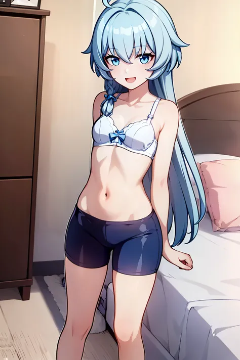 1 girl, best quality, ultra high res, long hair, blue hair, blue eyes, shigure kira, looking at viewers, small breast, standing, pov, slim body, loli body, small body, short body, smile, open mouth, bra, white bra, bike shorts, bedroom, white bed sheets,