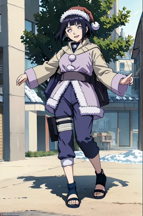 (((masterpiece))), HinataHyuga, 1girl, solo, looking at viewer, short hair,  background, black hair, smiling, happy, standing, purple eyes, full body, pants, fur trim, sandals, blue footwear,  forehead protector, toeless footwear, konohagakure symbol, outd...