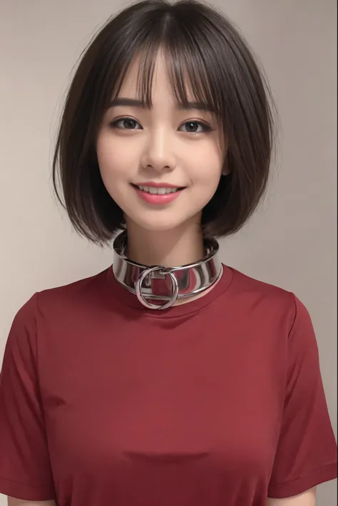 (8K, An ultra-high picture quality,top-quality),(​masterpiece:1.5),face,looking at viewer,(simple background),femele,short sleeved shirt,((Iron collar)),((short hair))red blush,a smile