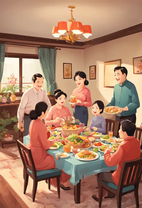 new year,Family having reunion dinner at home,interior scenes,The TV at home is playing the Spring Festival Gala,There are dads,Big-breasted mom,that daughter,,a grandmother,Illustration style,