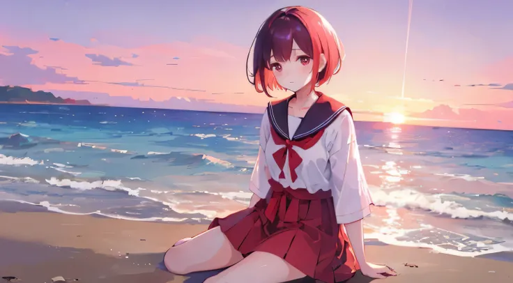 a sad short hair japanse school girl sitting at the beach sunset quietly looking at the sea, warm colour, sky purple and red, high res, ultrasharp, 8k, masterpiece