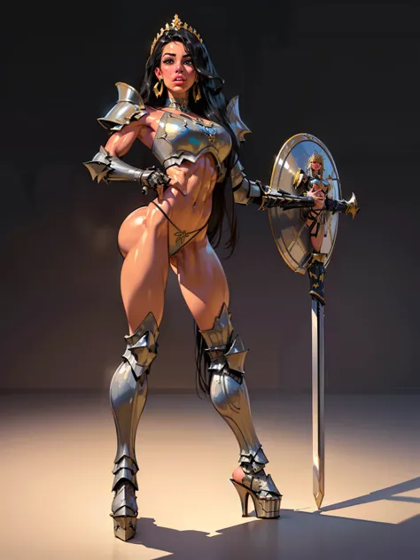 woman, ((long hair)),  blackblue hair, ((beautiful)), ((straight hair:1.4)), hair split in middle, adorned in medieval armor, twerking, metal muscles, emanating a medieval elegance and marvel, armor pump bootreastplate)), chrome silver tiara, small armband...