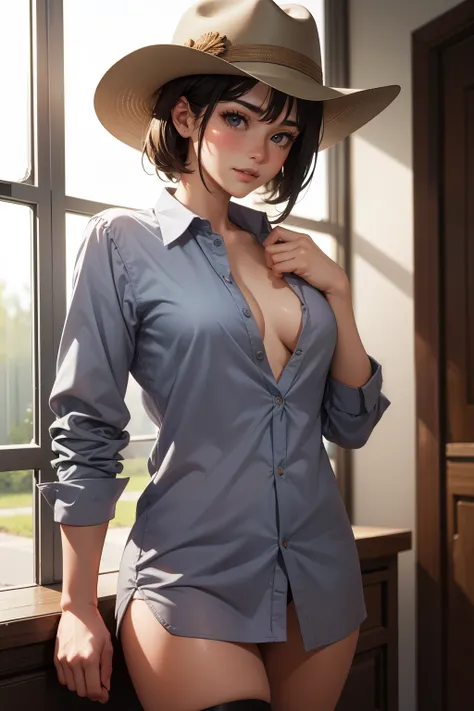 Cowgirl, long gray shirt, open chest, gray cowboy hat, gray panty,