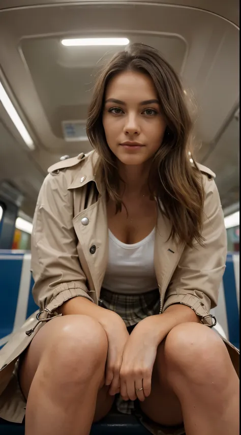 (from below:1.4), (full body portrait:1.4), 32K, (Best quality,A high resolution:1.2), Ultra-detailed,(Realistic:1.37) RAW uhd portrait photo of super slimfit gorgeous light brunette hair white skin european girl, ((pleated mini skirt)) ((trench coat)) ((s...