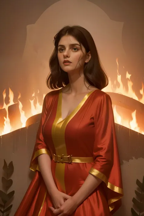 1142, Kingsbridge, England. otherworldly caos scene, ((((22-year-old)) Alexandra Daddario)), surrounded by big fires, ((terrified expression)), ((((burnt face and hair)))), ((((scarlet tunic gown from the 12th century)))), ((Wes Anderson cinematic style)),...