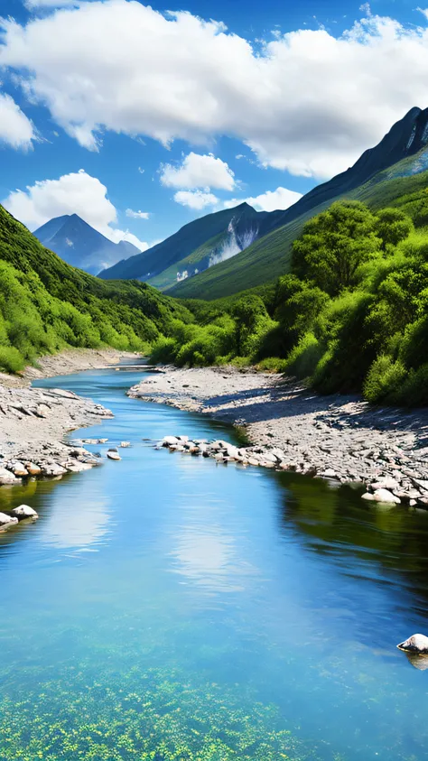 Cloudy sky, at noon, Mountain river with clear blue water, 4K, Hyper-Realism