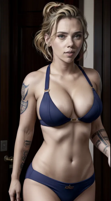 Scarlett Johansson big boobs muscular with tattoos in military color micro thong hottest