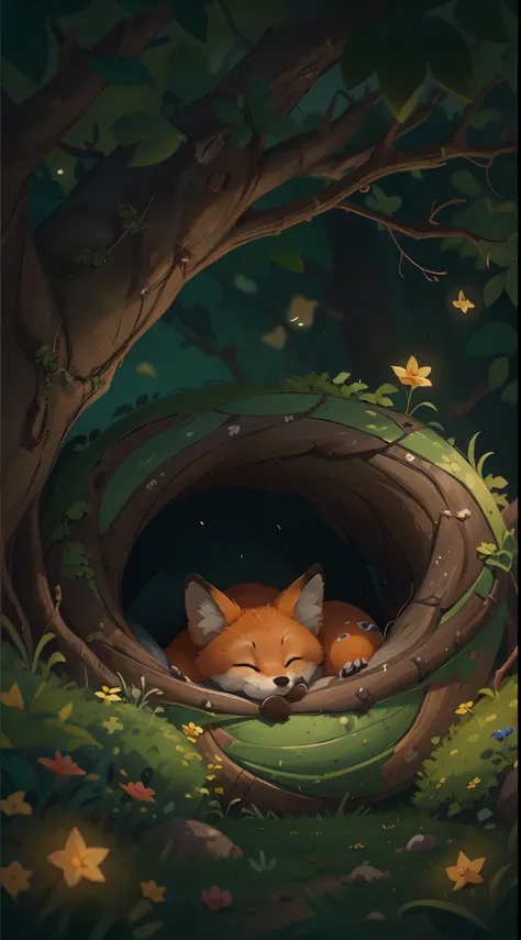 its late at night，cute fox，Illustration of sleeping in a warm tree hole, She rolled up into a ball，Enter sweet dreams。goodnight，The little fox。close up, Pixar cinematic style, Best quality at best, cinematic Film still from, extremely cute,