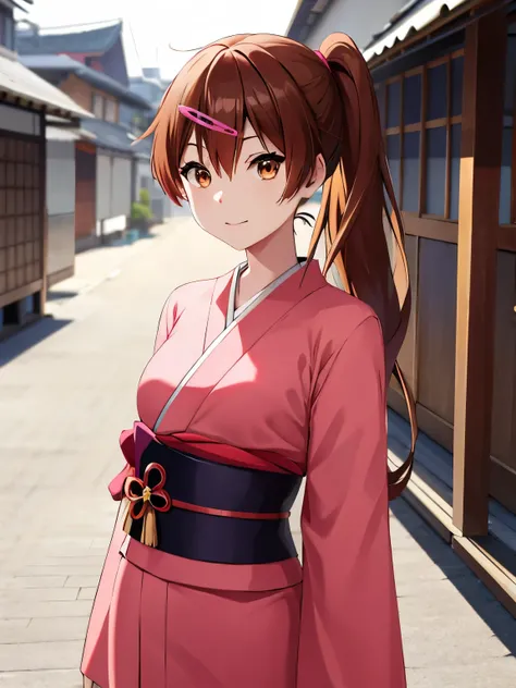 masutepiece, (Best Quality), 1womanl,1girl in ,shinka_nibutani, Brown hair, Standing、 Long hair, Pony tail, Brown eyes,top-quality、(masterpiece:1.2)、ighly detailed、outside of house、a street、girl wearing pink kimono、独奏、#chuunibyou demo koi ga shitai!、 lo...