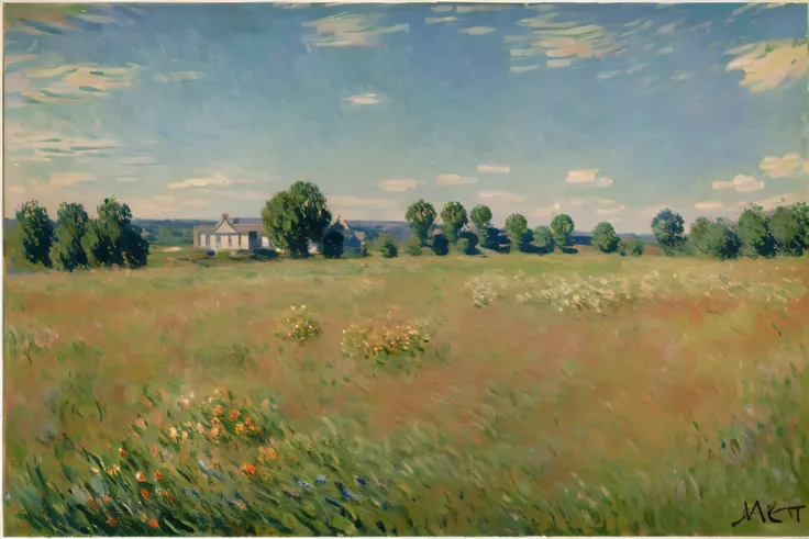 (((Claude Monet style))),Minnesota prairie landscape,There are haystacks everywhere.,the hills are gentle、place々The tree々Overgrown，A white Heike house built there.