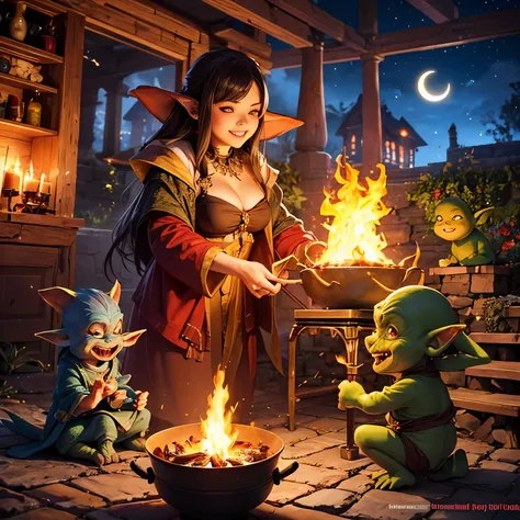 (highres,ultra-detailed),swarm of tiny smiling Goblins,garden scene with vibrant flowers and lush greenery,detailed features and expressions on each Goblins face,lively and animated poses of the Goblins with varying heights and gestures,large cauldron plac...