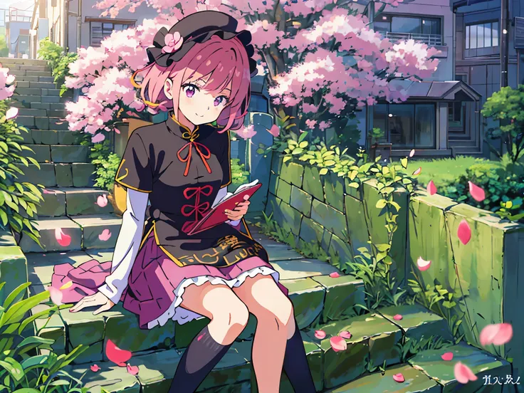 Chinese gardens，Chinese style clothing，1 skinny girl，Alone，Cheongsam style skirt，peach blossom，falling flower petals，Anime manga girl, pixiv, loli in dress, anime change, cute anime, cute anime girl, Curvy little loli, Anime visuals of a cute girl, cute an...