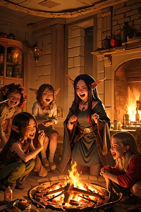 A swarm of tiny laughing Goblins are gathered around a bruised defeated elf woman that is dressed in tattered clothes, a large cauldron boils on a cookfire nearby