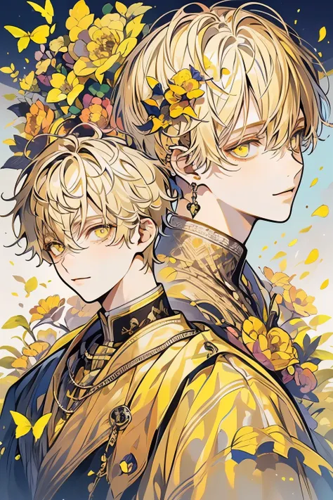 (masutepiece), (Best Quality), Highly detailed, Two Boys, Solo Focus，Perfect face, Beautiful face, extra detailed face，(a blond:1.3)，(yellow  eyes:1.3)，Flower butterfly々，flower petals，optic，a smile