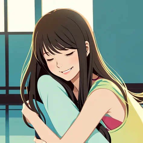 Illustration of a woman with a soothing smile Japanese anime style hugging